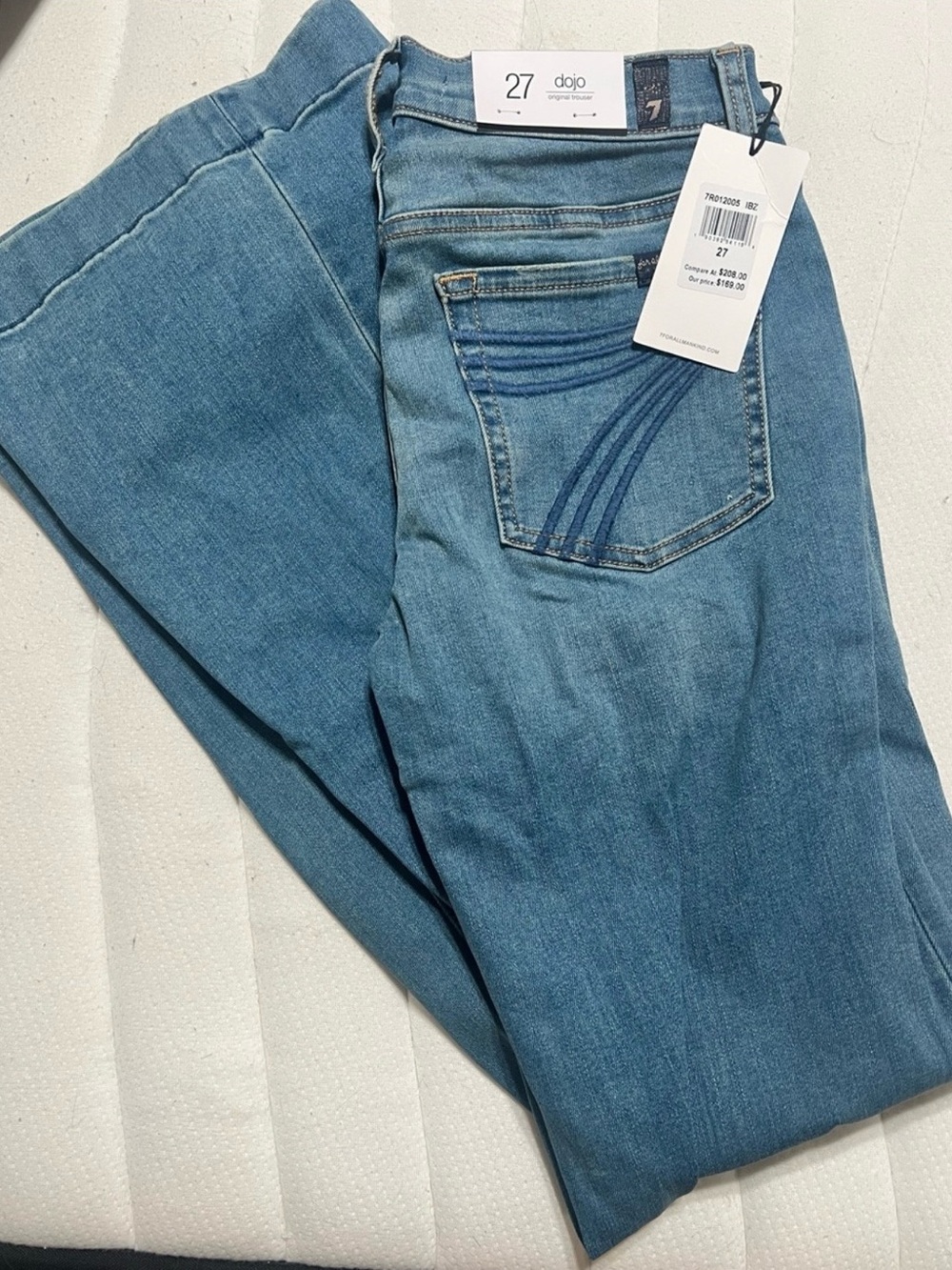 7 For All Mankind Light Blue Flare Jeans — Dojo Pocket Detail